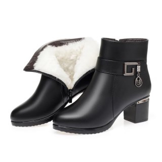 Genuine Leather Black Platform Shoes Women's Winter Boots Female Ankle Booties Woman 2021 Wool Snow Boots Women Heels Large Size